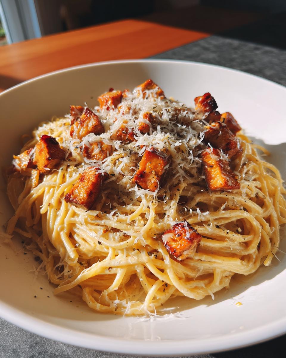 Spaghetti Carbonara (vegetarian: swap bacon for smoked tempeh) - detail 1