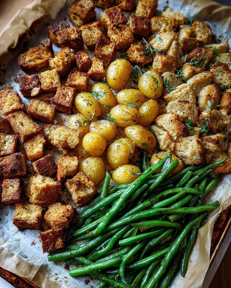 Vegan Sheet Pan Thanksgiving Dinner (stuffing, tofu, roasted potatoes, green beans) - detail 1