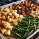 Vegan Sheet Pan Thanksgiving Dinner (stuffing, tofu, roasted potatoes, green beans)