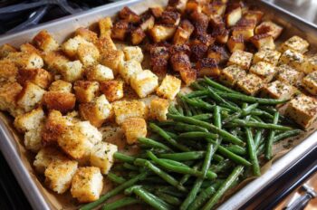 Vegan Sheet Pan Thanksgiving Dinner (stuffing, tofu, roasted potatoes, green beans)