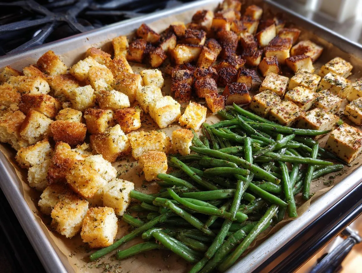 Vegan Sheet Pan Thanksgiving Dinner (stuffing, tofu, roasted potatoes, green beans)